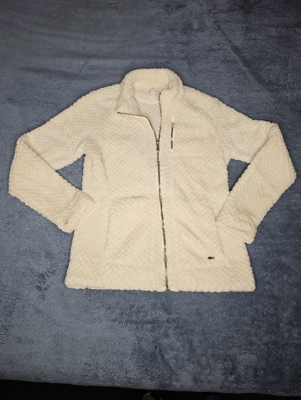 Calvin Klein Cream Zip-Up  Fuzzy Fur Jacket with Gold Accents